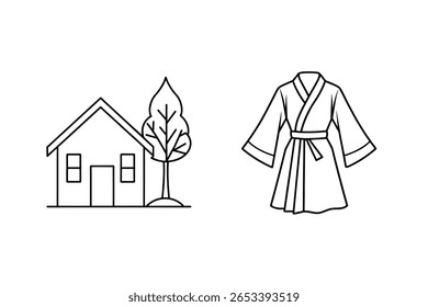 Casa e árvore ao lado de roupa de roupão de quimono