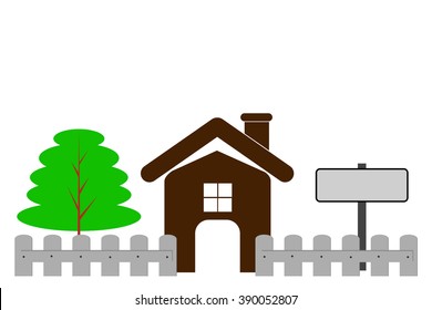House with tree, blank plank and gate
