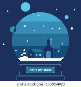House, tree, and church in snow ball with blue tone in Christmas concept - Vector illustration