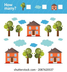 House, tree, cloud. Counting Game for Children card. Bright vector illustration. How many 
