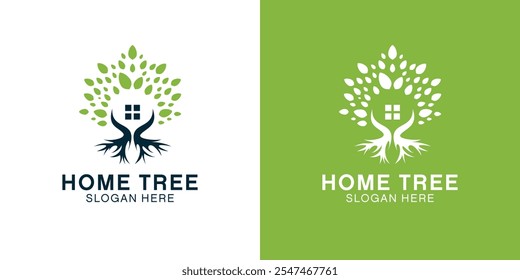 Logotipo de combinación de casa y árbol, logotipo de raíz de árbol, logotipo de árbol, diseño de Vector de logotipo de casa
