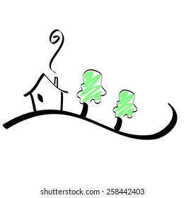 house and tree drawing vector on white background