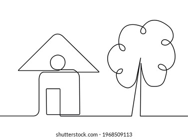 House and tree drawn with one line. Vector illustration