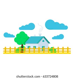House with tree flat illustration and clouds. Background modern flat design vector illustration