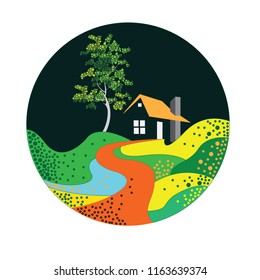 House and Tree with Flower Park and dark blue background