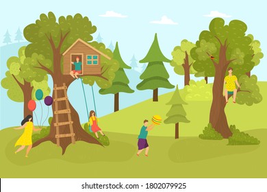 House tree in forest, cartoon childhood vector illustration. Home at green nature, happy girl boy near outdoors ladder to hut. Summer recreation and children play at swing in park.