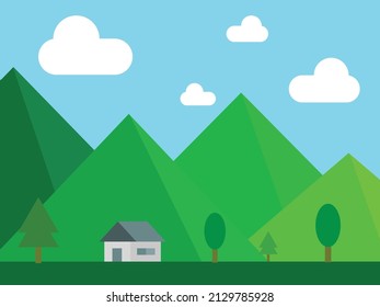Casa y árbol frente a la montaña verde y nubes sobre el vector de ilustración del cielo azul