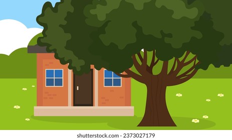 House and tree in the garden. Vector illustration in flat style.