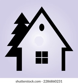 house and tree, hunting lodge,  vector icon, black illustration