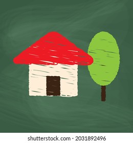 House and tree Icon design, colorful chalk. Draw a picture on the blackboard.