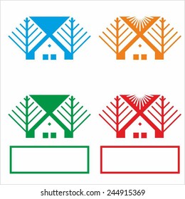 House and tree. Icons, symbol of a small home with a windows. Vector colored image for logo design. 