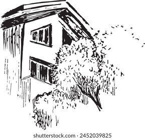 A house with tree ink sketch. House close up vector drawing. House roof sketch. 
