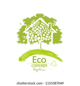 House and tree isolated on white background. Logo design template of tree and house. Environmentally friendly world. Vector illustration of ecology the concept of info graphics. Recycling.