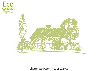House and tree isolated on white background. Logo design template of tree and house. Environmentally friendly world. Vector illustration of ecology the concept of info graphics. Recycling.