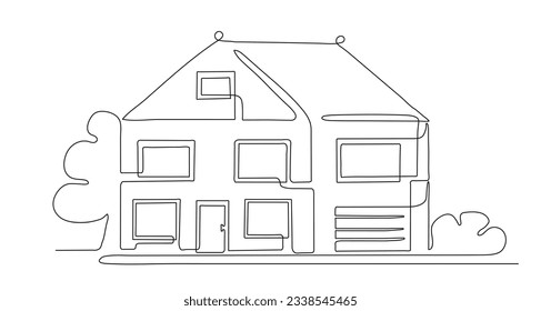 House with tree line concept. Private property and real estate. Townhouse and cottage. Building and home at forest at lawn. Minimalist creativity and art. Linear flat vector illustration