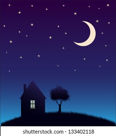 House and tree and night sky with stars and moon