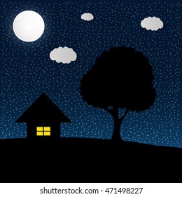 House and tree and night sky with stars and moon