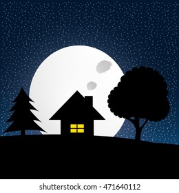House and tree and night sky with stars and moon