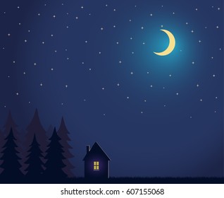 House and tree and night sky with stars and moon