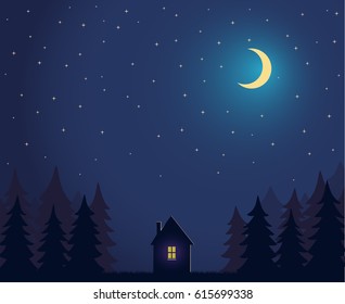 House And Tree And Night Sky With Stars And Moon