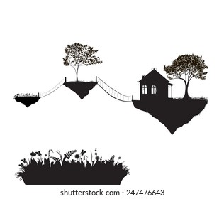 house  and tree on flying rock connecting bridges, black and white, shadows