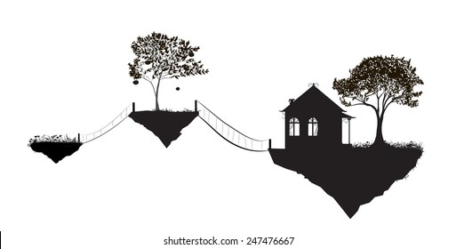 house  and tree on flying rock connecting bridges, black and white, shadows