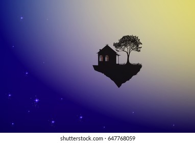 house and tree on flying rock, where the god lives, home in space, shadows