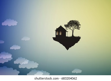 House And Tree On Flying Rock, Where The God Lives, Home On The Heavens, Shadows