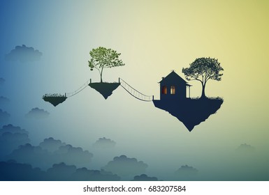 house and tree on flying rock, where the god lives, home above the sky, vector.