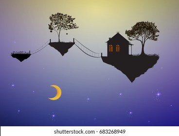 house and tree on flying rock, where the god lives, home above the sky, vector