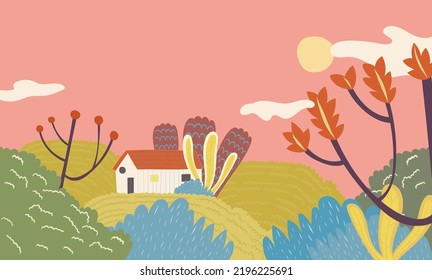 House and tree on a hill in Autumn season. Vector illustration. Colorful nature landscape.