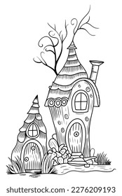A house with a tree on the top line art, house coloring page
