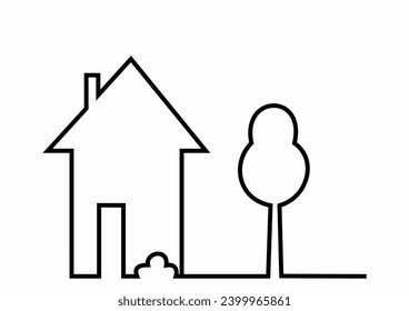 House and tree, one stroke, black line, outline, vector icon