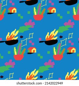 house tree pan lights cute neon tones pattern fabric wallpaper