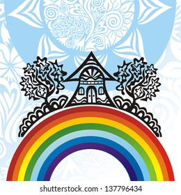 House tree rainbow vector illustration