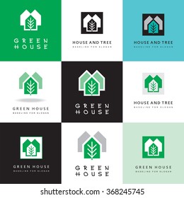 House and tree, set of elegant vector icons.
Symbolic image of the harmony of buildings and environment.
