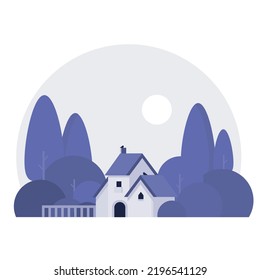 A house with a tree and shrubs of color 2022 very peri on a white background. City logo. Vector