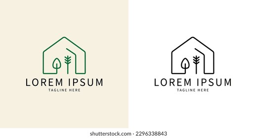 House and tree simple logo. Line logo style. Organic lifestyle branding. design simple vector editable
