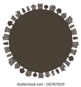 house and tree of small silhouette circle - brown -