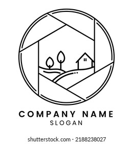 House Tree and Sun Illustration Simple Logo. Organic Life Style Branding Design Template Logo and camera pixel design with village design.