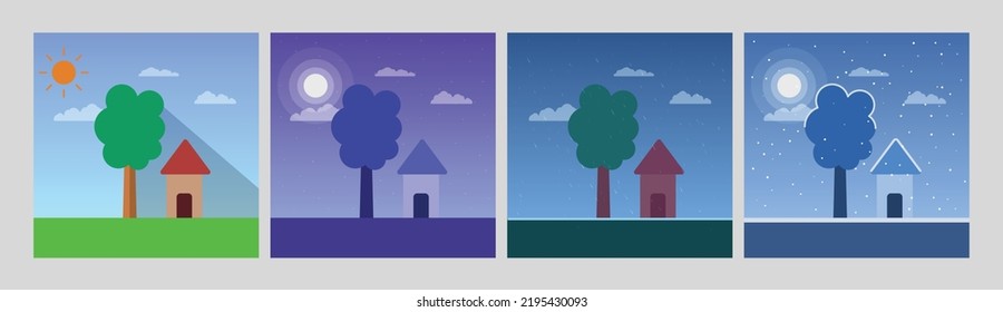 a house and a tree in sunny weather, night weather, rainy weather, snowy weather illustration vector, flat design