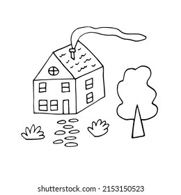 house and tree. vector illustration hand drawn in doodle line art style.