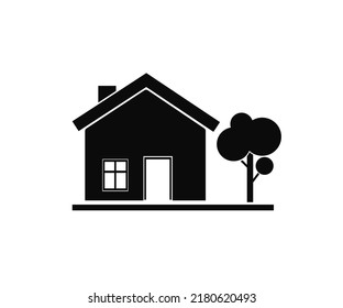 Casa y árbol. Imagen vectorial. Icono, silueta.