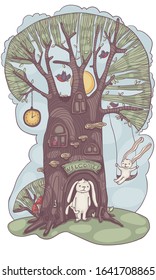 A house in a tree, with windows and a door, a clock hanging on a branch, birds made a nest, a family of rabbits invites to visit. Cute hand-drawn vector illustration.