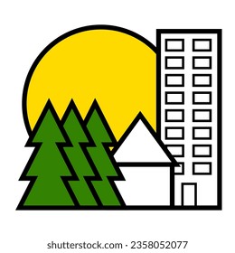 Casa, árboles en el fondo del sol. Ilustración vectorial plana. Concepto del logo de una empresa constructora, un complejo residencial en un lugar ecológico