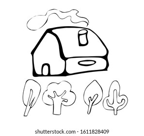 House and trees for any design. Ink. Cartoon