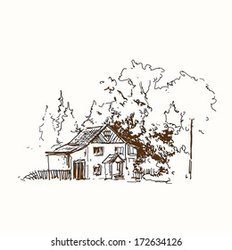 House and trees brown ink drawing sketch