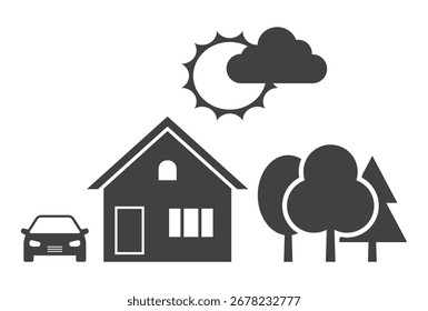 Casa con árboles y coche bajo el sol en el icono del cielo