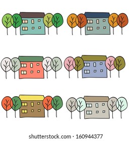 House and trees in different seasons on white background