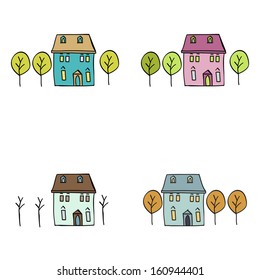 House and trees in different seasons on white background